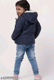 Navy blue polyester girl's jacket, hooded style, front zip closure