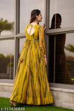 Printed yellow Georgette kurti, three-quarter sleeves, women's partywear clothing for weddings. Indian-inspired printed design on comfortable Anarkali kurti by CM COTTON STORE