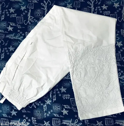 Chikankari cotton pant for women and girls, white Lucknowi chikankari embroidery on 100% cotton, dual pocket design with elastic waistband and drawstrings, beautiful addition to traditional Indian wear