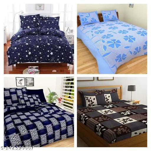 Sahaaja Traders Cotton Combo Double Bed King Size 4pc Set with Pillow Covers and Blue Star Motif Design