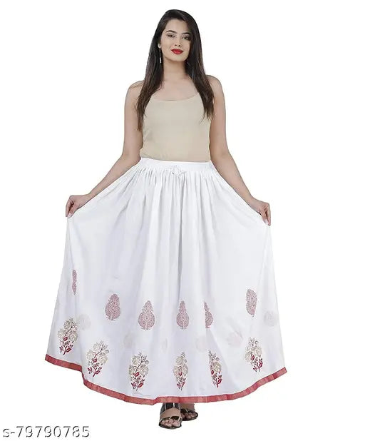 Designer Fashionista women's rayon skirts, printed net, two pieces - white and black, Jaipuri gold print, full length, suitable for parties and weddings