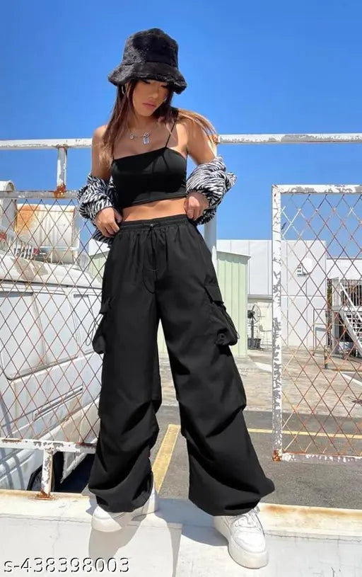 Black cargo pants with four pockets, adjustable waistband