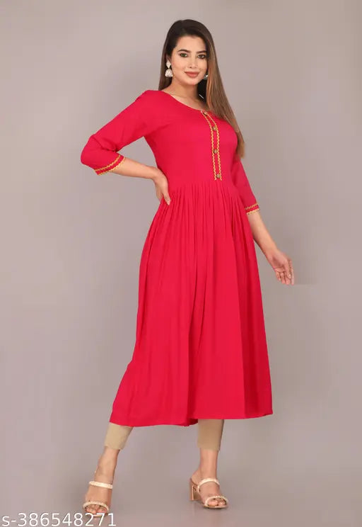 Red anarkali kurta, floor length, with embellished neckline