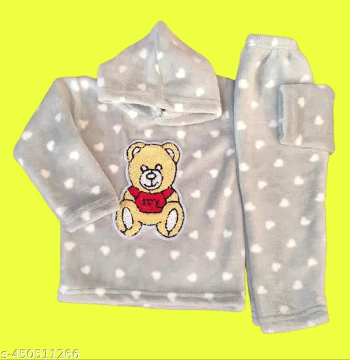 Gray & white hearts print woolen hoodie for kids winter wear, size S (1-2 years), made in India