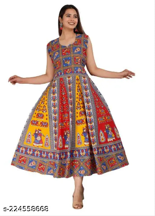Colorful printed cotton midi dress, sleeveless, free size. Vibrant Indian-inspired design for every occasion on Gillkart