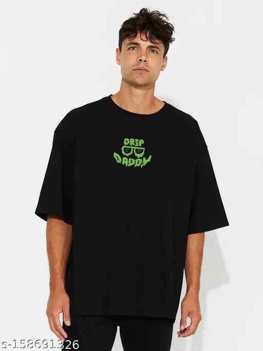Oversized black cotton t-shirt with three-quarter sleeves, printed typography back, unisex trendy style for all generations