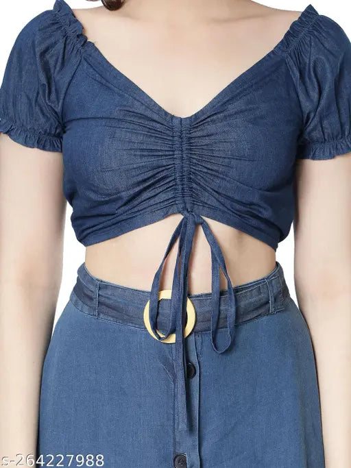 Short-sleeved denim blouson crop top, puff sleeves, V neckline, India-made