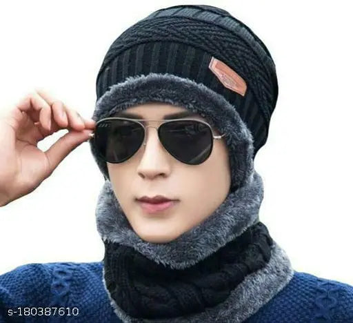 Woolen cap and neck muff set (2 pairs), soft fur-lined, winter protection for all ages. Combo pack trending in India