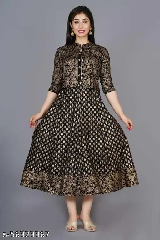 Black printed rayon anarkali kurti with matching jacket