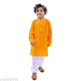 Yellow cotton blend full sleeves plain kurta for kids, vibrant ethnic wear for 5-6 year olds