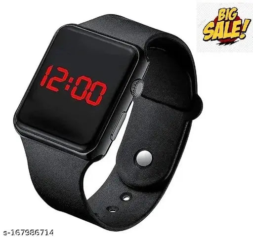Black digital watch with large red numbers, displaying "12:00