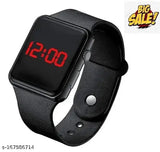 Black digital watch with large red numbers, displaying "12:00