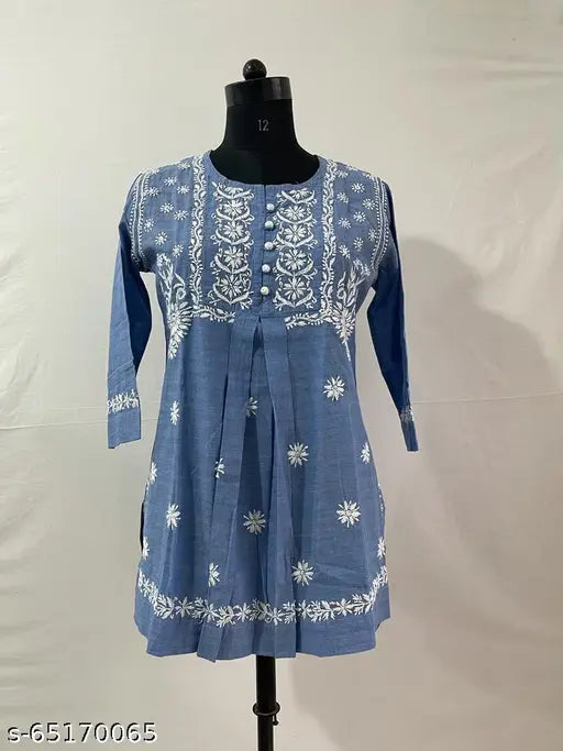 Denim cotton embroidered kurta kurti top for women