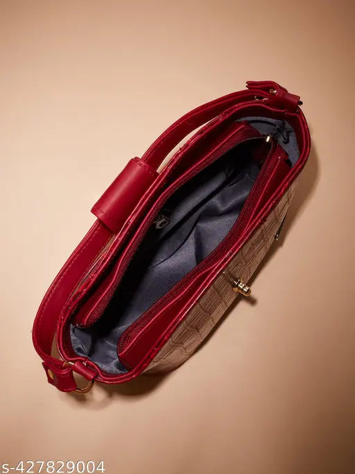 Red leather sling bag with multiple pockets and a flap closure
