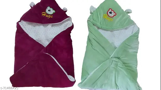 Purple cotton hooded baby blanket, soft and embellished with embroidery and bone border for newborns