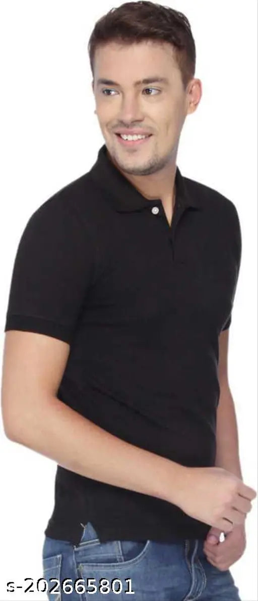 Black polyester men's polo t-shirt by asar, solid design with short sleeves