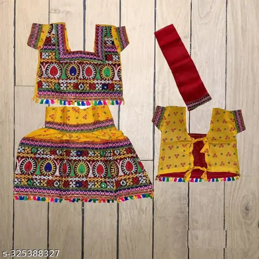 Embroidered cotton Radha dress set, light & bright colors, jacquard dupatta and net lehenga, mirror work pattern, short sleeves for babies 0-5 years, India origin