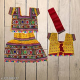 Embroidered cotton Radha dress set, light & bright colors, jacquard dupatta and net lehenga, mirror work pattern, short sleeves for babies 0-5 years, India origin