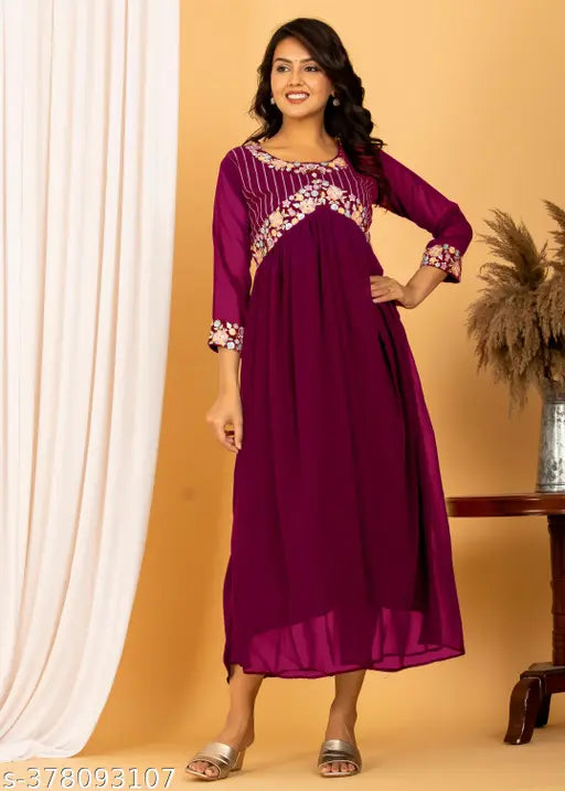 Georgette embroidery kurti for women, solid-colored three-quarter sleeve dress from India