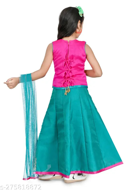 Sleeveless kids' polyester Lehanga Cholis with embroidered patterns, perfect for Indian festivals or special occasions