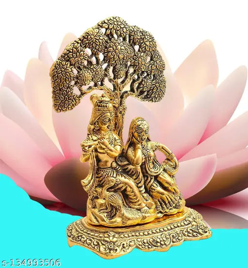 Metal Radha Krishna Idol showpiece under tree for home decor, 10 cm x 18 cm x 5 cm, Indian origin