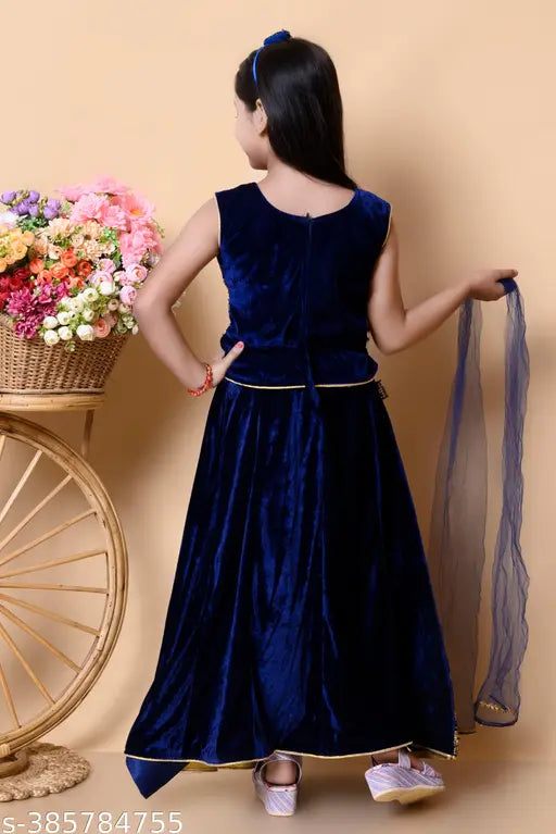 Velvet embroidered lehenga-cholis for girls, Indian attire with long sleeves and net dupatta
