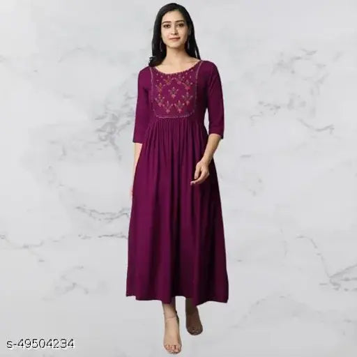 Rayon embroidered long kurta, three-quarter sleeves, Indian women's traditional fashion