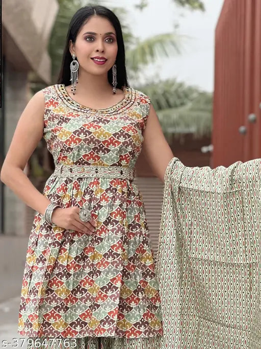 Handcrafted woman's kurta and sharara set with dupatta, colorful patterns, sleeveless style, flared bottoms