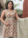 Handcrafted woman's kurta and sharara set with dupatta, colorful patterns, sleeveless style, flared bottoms