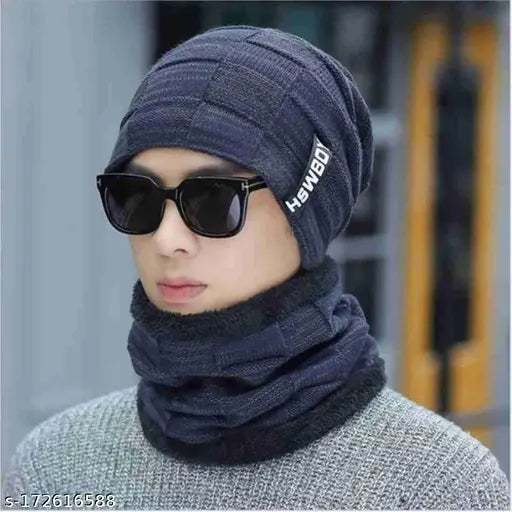 NavyBlue Ultra Soft Woolen Beanie & Scarf, unisex snow-proof design, warm winter accessory