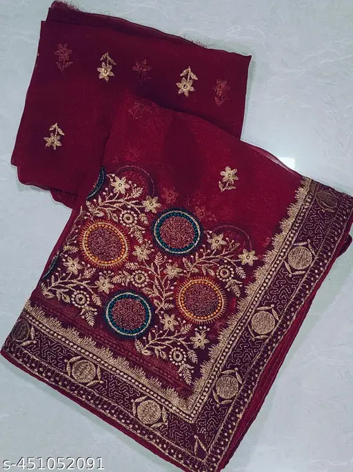 Embroidered Simmer saree in red and orange, traditional Indian attire with intricate dhaga and Jari work