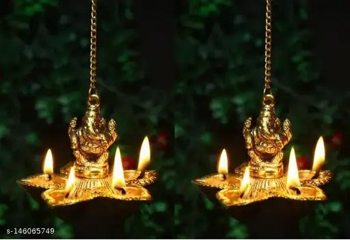 Metal Ganesh 5 batti Hanging Diya Set, Indian decor for home, temple, office or gifting, symbolizing luck, love, happiness, and prosperity. Size: LBH10.5 cm x 10 cm x 8 cm