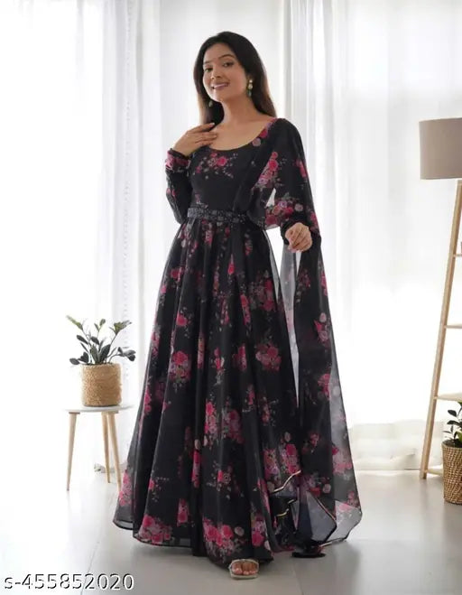 Black Georgette printed Anarkali gown for women, featuring three-quarter sleeves and stylish sensational design