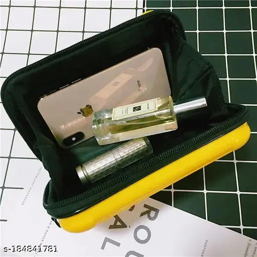 Black makeup bag with phone, perfume, and cosmetics inside