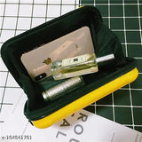 Black makeup bag with phone, perfume, and cosmetics inside