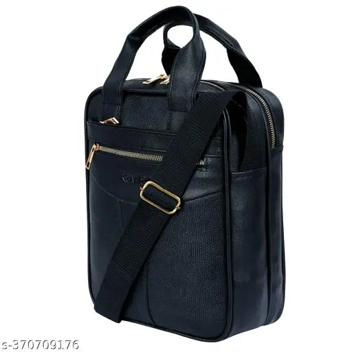 Messenger bag with black leather, brown strap, and multiple pockets