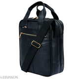 Messenger bag with black leather, brown strap, and multiple pockets