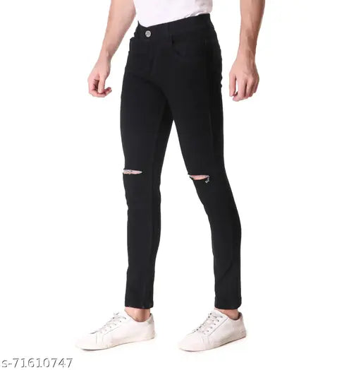 Best Quality Men's Black Stretchable Knee-Cut Jeans, solid denim design for a comfortable fit and party-ready style. Made in India
