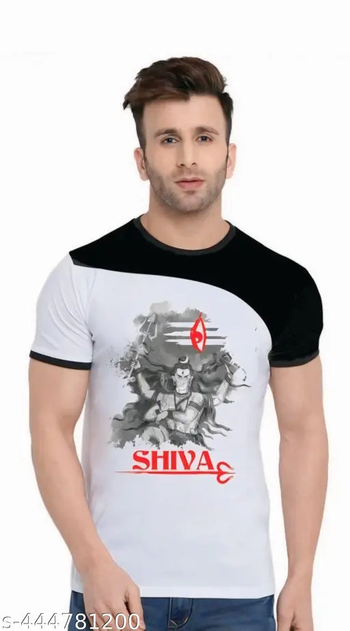White & Black Polyester Lord Shiva Men's Printed Round Neck Short Sleeve T-Shirt, perfect for all seasons. Indian style and design