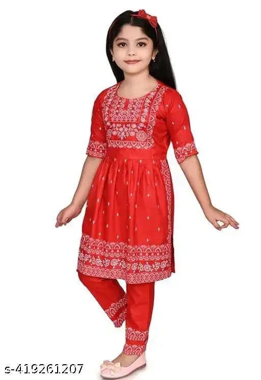 Red baby girls Nayra cut cotton blend kurta and pant set, festive party wear for stylish kids