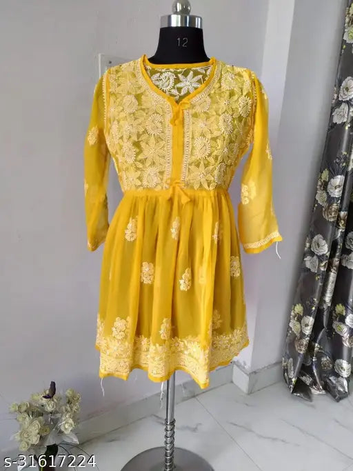 Yellow and white lace women's kurta with long sleeves