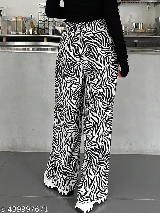 White cotton-lycra printed net bell bottom palazzo trousers for women, popular fashion choice