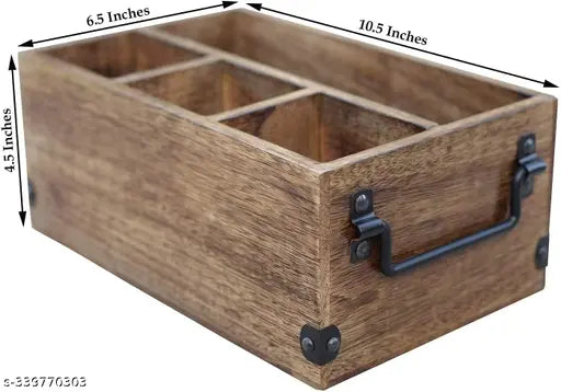A wooden kitchen utensil holder with 4 compartments, ideal for organizing cutlery napkins cups