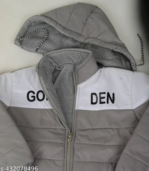 Boy's grey puffer jacket, hooded with zip closure