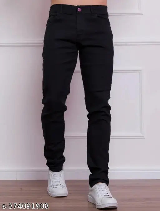 Slim men's black stretchable denim jeans - solid black, casual or party fit, comfortable and easy to wear, mid-rise, sizes 28/30/32