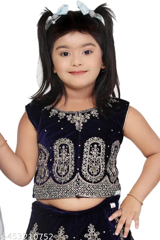 Navy Blue Velvet Embroidered Kid's Lehenga Choli on display, perfect fit for parties or special occasions