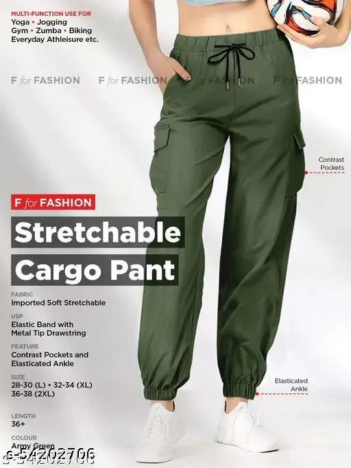 Cargo pants with drawstring closure in olive green color, for women