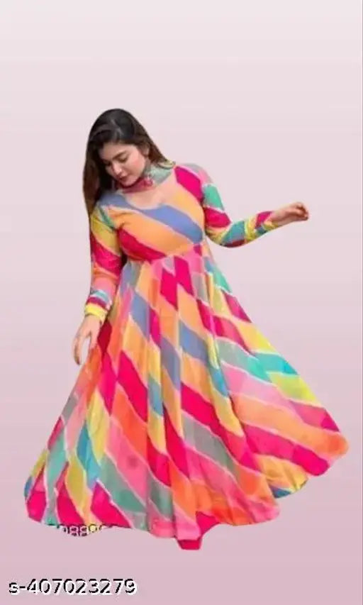 Trendy glamorous georgette gown with long sleeves, dyed/washed net, partywear for women, size S-XXL