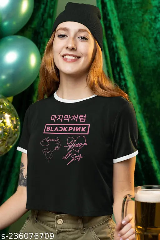 Black cotton Maxall KPOP crop top (XS-XXL), featuring Blackpink print on short sleeves for girls/women, made in India