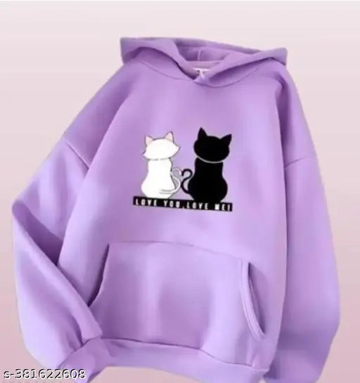 Fleece women's hoodie, solid-colored with stylish cat prints, long sleeves, Indian origin